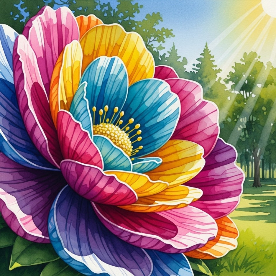 햇살 아래 빛나는 거대한 꽃 조형물