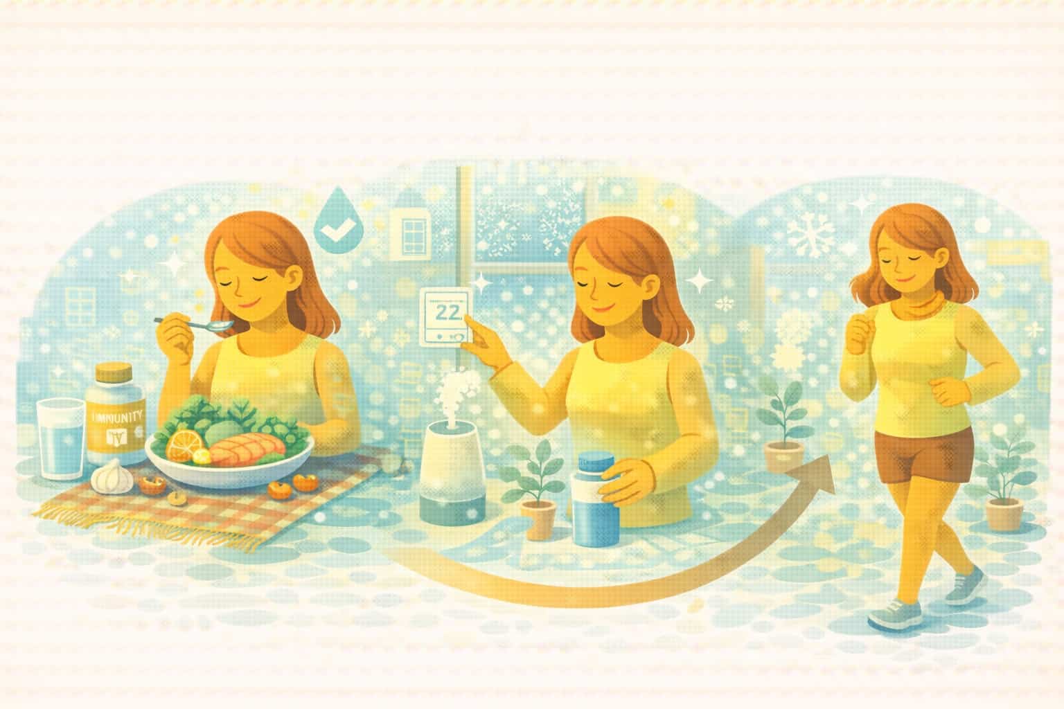 겨울철 영양 섭취, 실내 환경 조절, 가벼운 운동으로 면역력을 높이는 여성의 일러스트