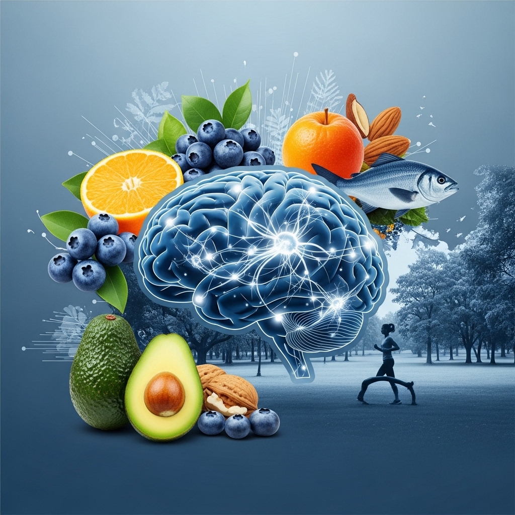 블루베리, 견과류, 생선 등 브레인 푸드와 조깅하는 사람, 활성화된 뇌 신경망이 어우러진 활기찬 인지력 향상 이미지.