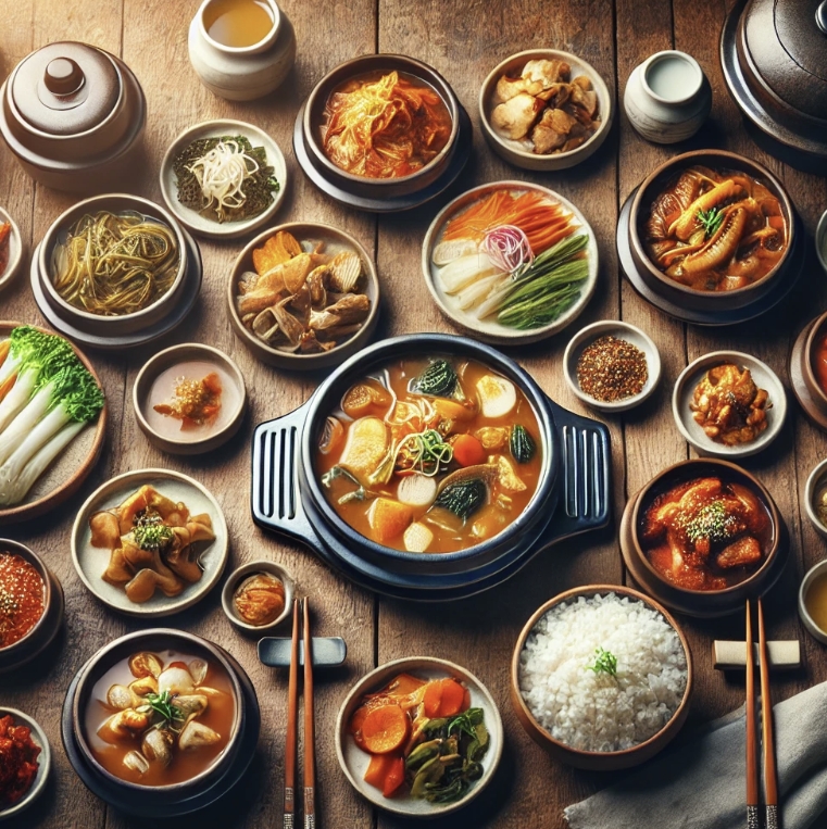 국과 찌개가 올라간 한국식 식탁