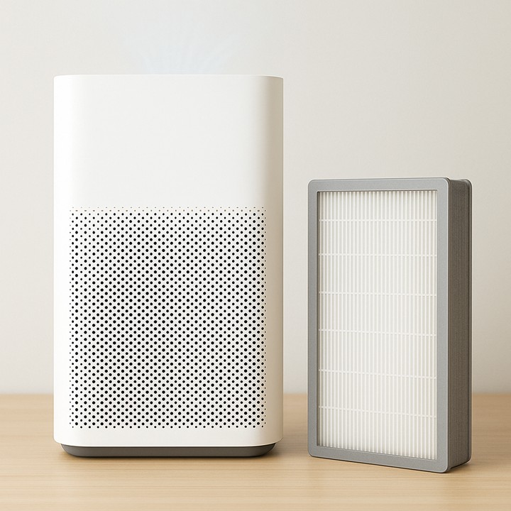 공기청정기와 그 안의 Hepa 필터