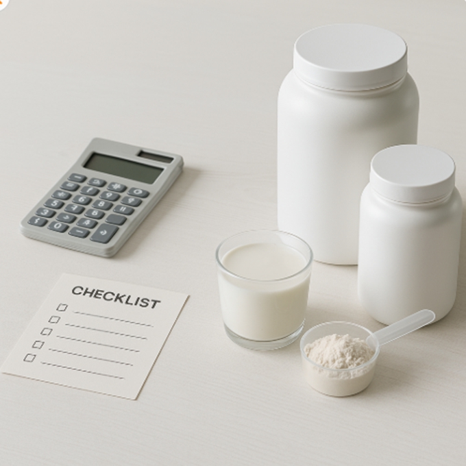 오늘 볼 6가지 지표가 적힌 메모 옆에 프로틴과 스쿱이 놓여 있다.