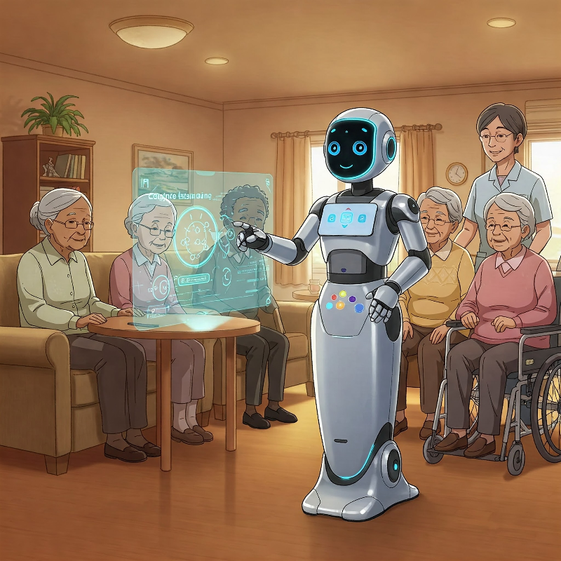 요양원 공용 공간에서 여러 명의 노인들과 상호작용하는 실버케어 로봇