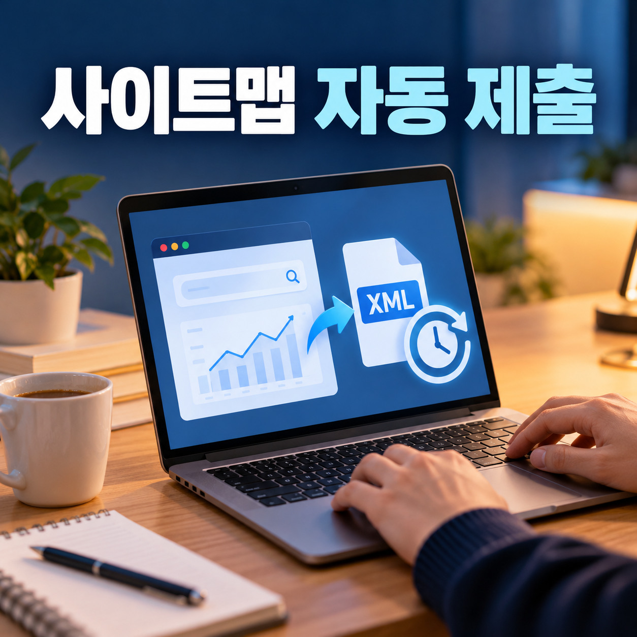 책상 위 노트북에 사이트맵과 자동 실행을 상징하는 그림이 표시된 모습