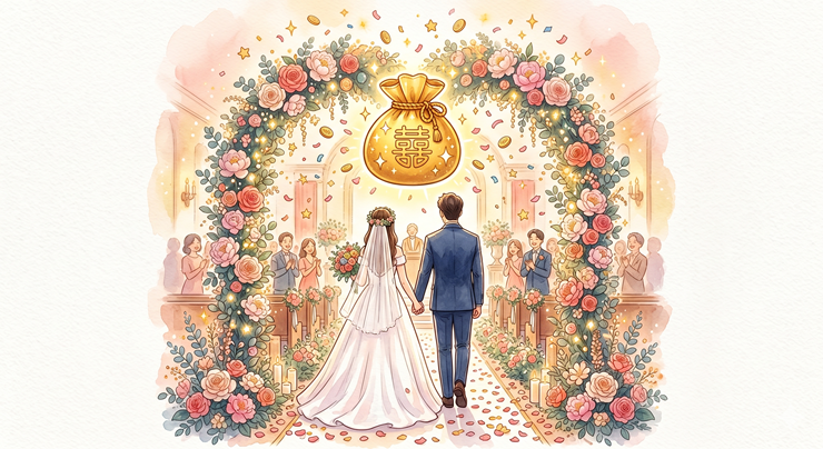 신설된 결혼세액공제로 부부 합산 최대 100만 원의 세금 혜택을 받는 신혼부부를 표현한 수채화 일러스트