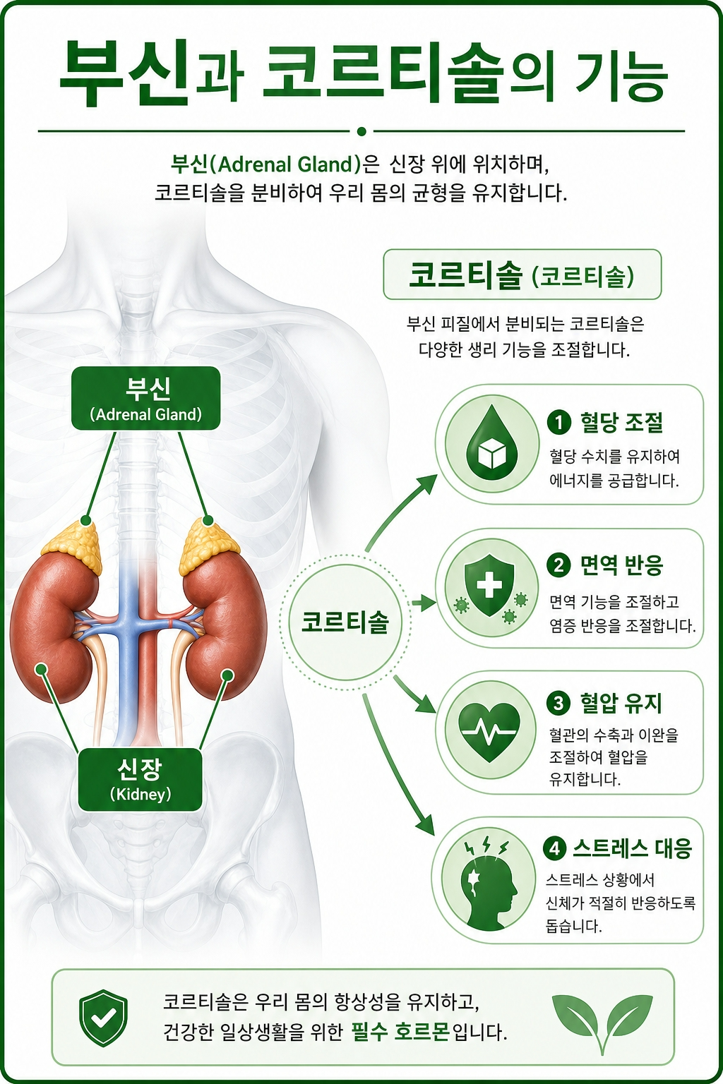 혈당 조절, 면역 반응, 혈압 유지, 스트레스 대응, 부신역할, 코르티솔역할