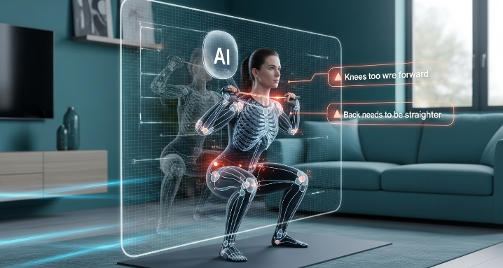 AI 코치 앱이 실시간으로 스쿼트 자세를 분석하고 교정하는 화면