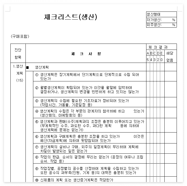 생산 체크리스트 서식 스크린샷 이미지 입니다.