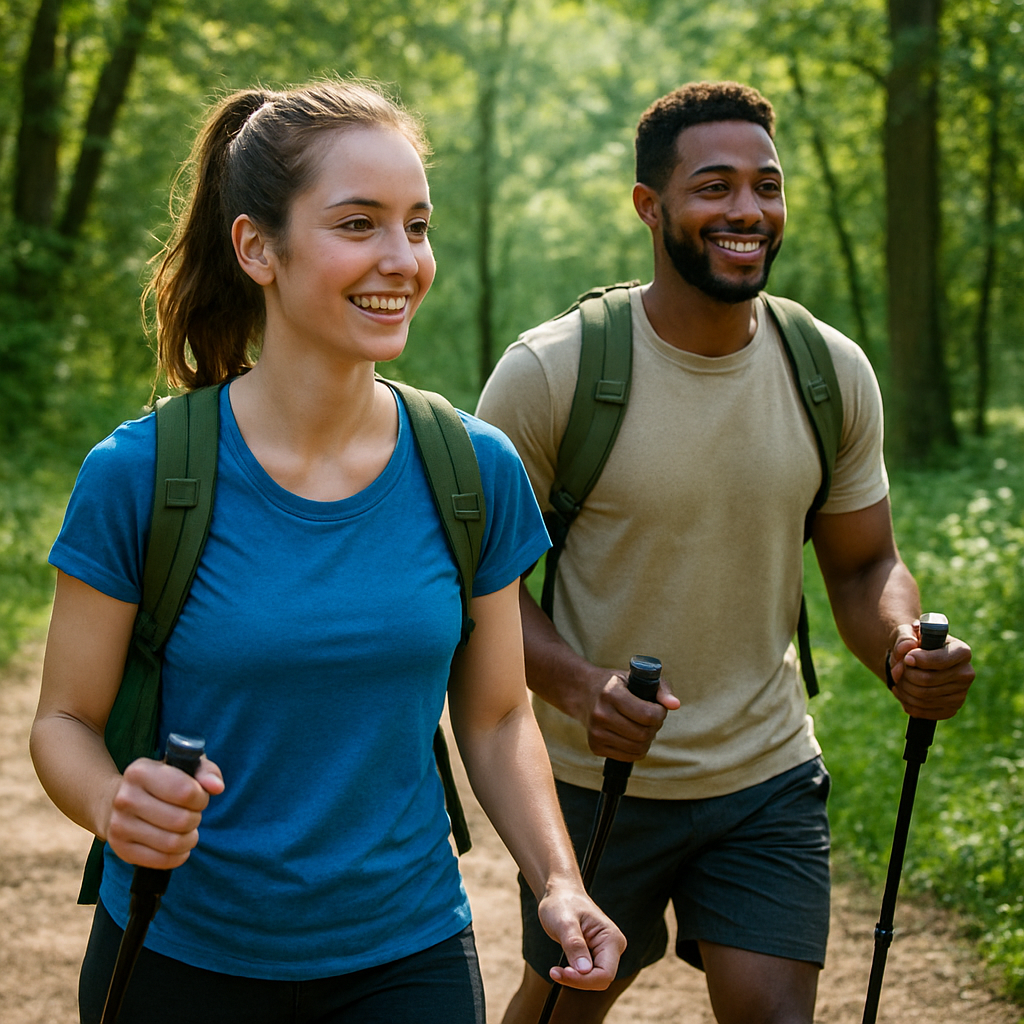 젊은 남자와 여자가 웃으며 등산을 하는 장면 입니다.
