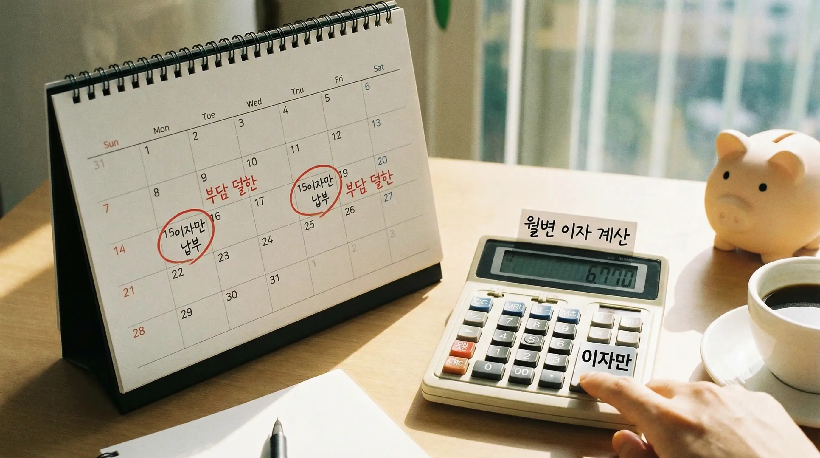 매달 이자만 납부하는 월변 방식의 장점을 보여주는 달력과 계산기 이미지