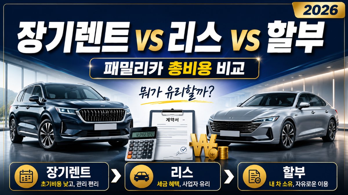 2026 장기렌트 vs 리스 vs 할부 8가지 비교, 40대&middot;50대 패밀리카 총비용 계산법