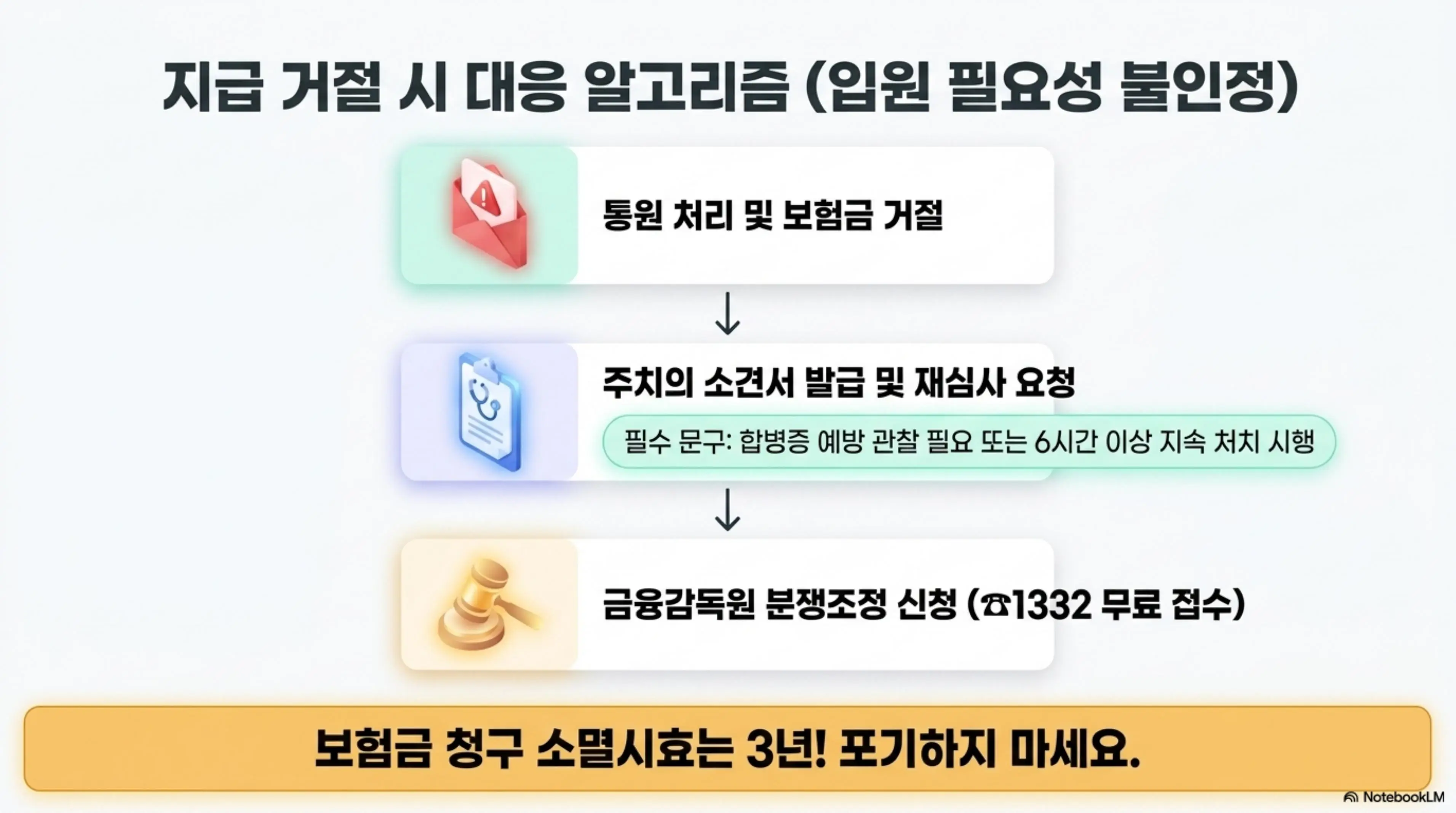 실비 입원비 청구: 입원일당 보험금 거절 시 대응 알고리즘을 순서도로 정리한 인포그래픽. 통원 처리 및 보험금 거절 단계에서 주치의 소견서 발급 및 재심사 요청을 거쳐 금융감독원 분쟁조정 신청까지의 절차와 보험금 청구 소멸시효 3년 안내를 시각적으로 전달하며 블로그의 실비 입원비 보장 총정리와 관련된 내용을 설명함