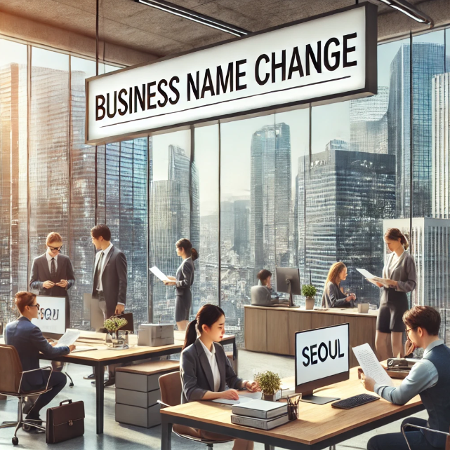 사무실에서 사업장 명칭 변경 안내판이 보이는 장면