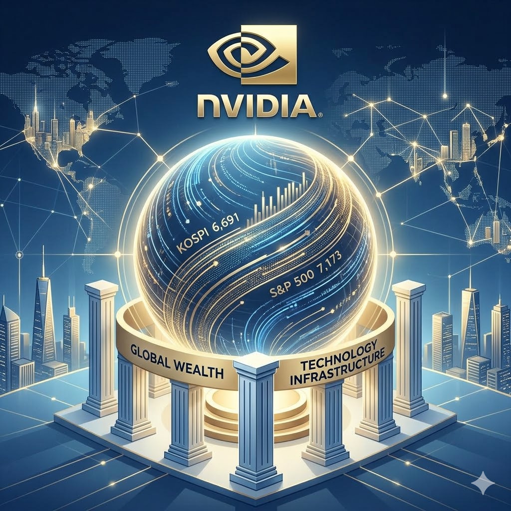 State-of-the-art financial branding image showing global stock market indices (KOSPI 6691, S&P 7173) connected to the NVIDIA logo in golden light.