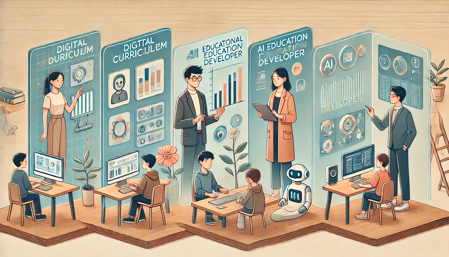 미래 교육 직업군(교사, 교육공학자, 콘텐츠 디자이너 등) 일러스트