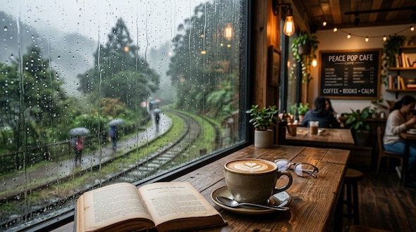 cafe latte at a window side seat on a rainy day