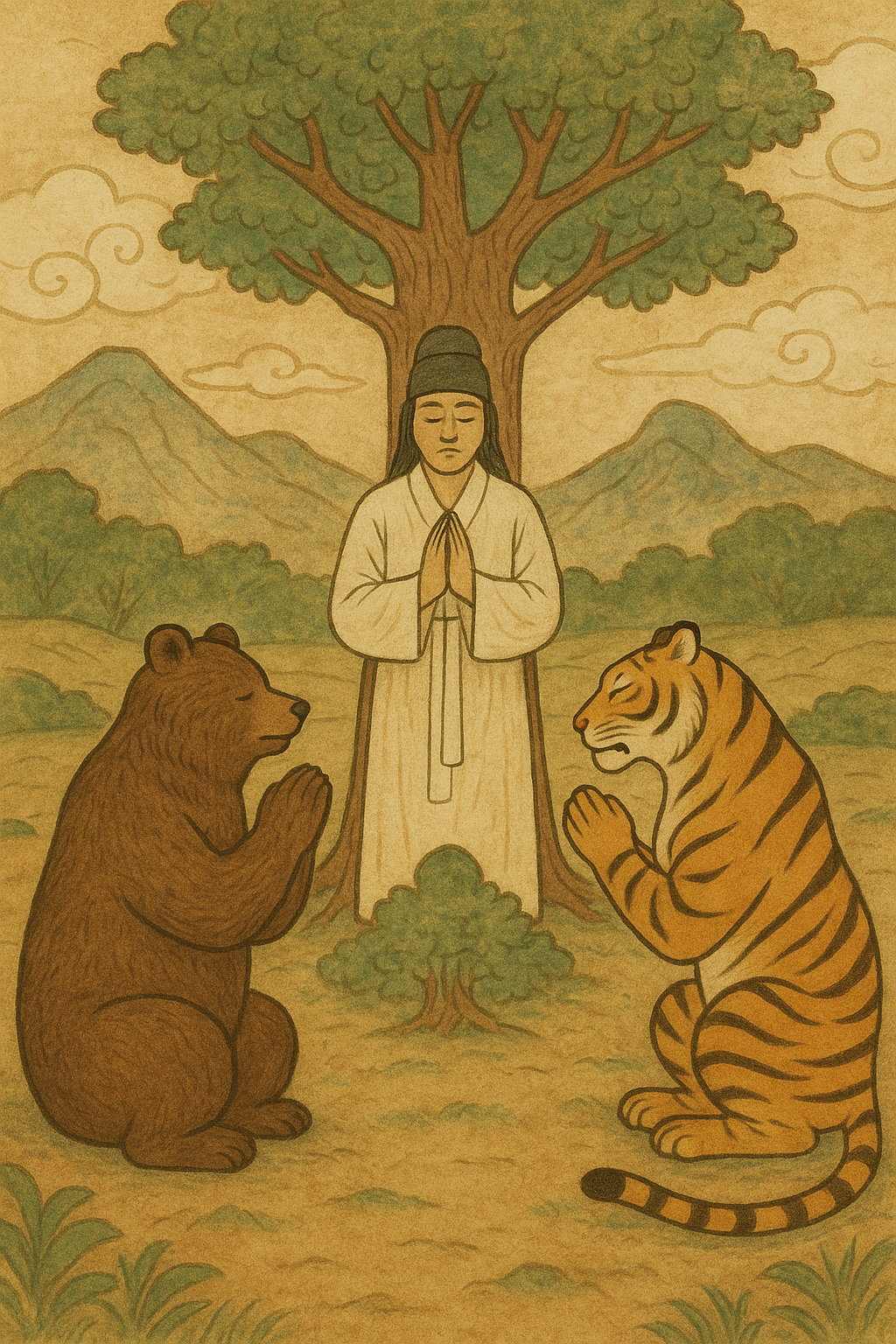 곰과 호랑이, 신단수 앞에서 기도하는 장면