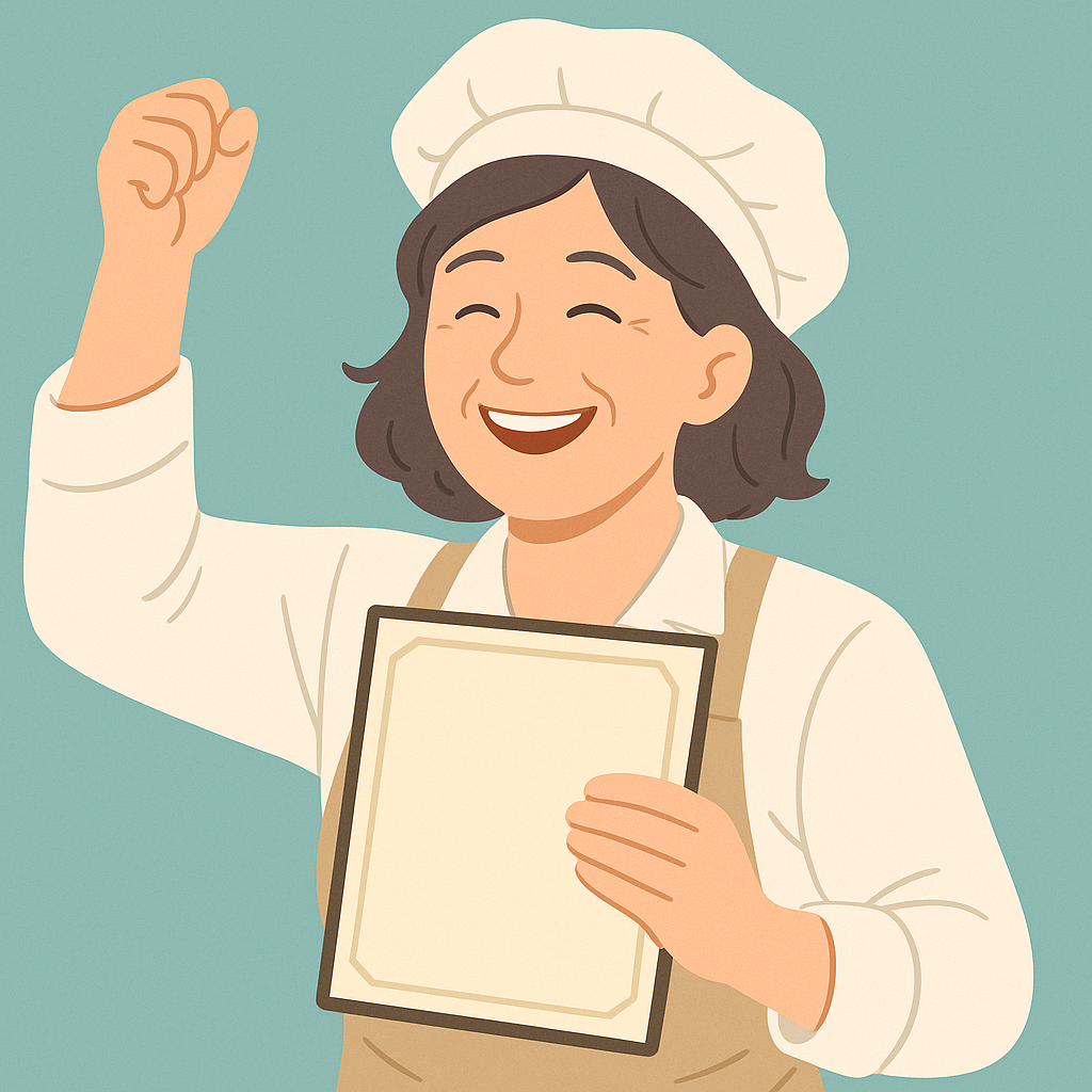 밝은 민트색 배경 앞에서 제과사 복장을 입은 50대 여성이 공란의 자격증을 가슴에 안고 오른손을 번쩍 들며 환하게 웃고 있는 일러스트