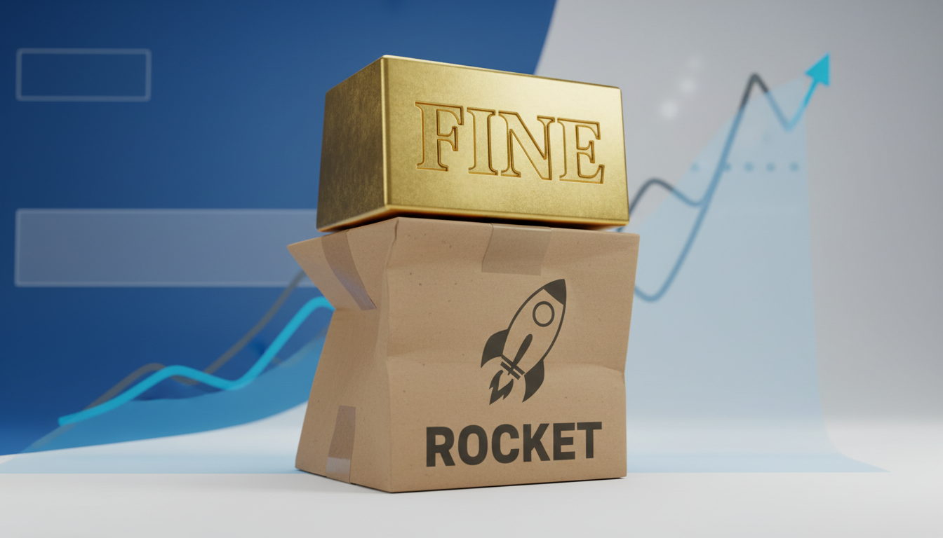 무거운 과징금 추에 눌린 쿠팡 로켓배송 박스와 뒤편의 상승하는 가격 그래프 일러스트