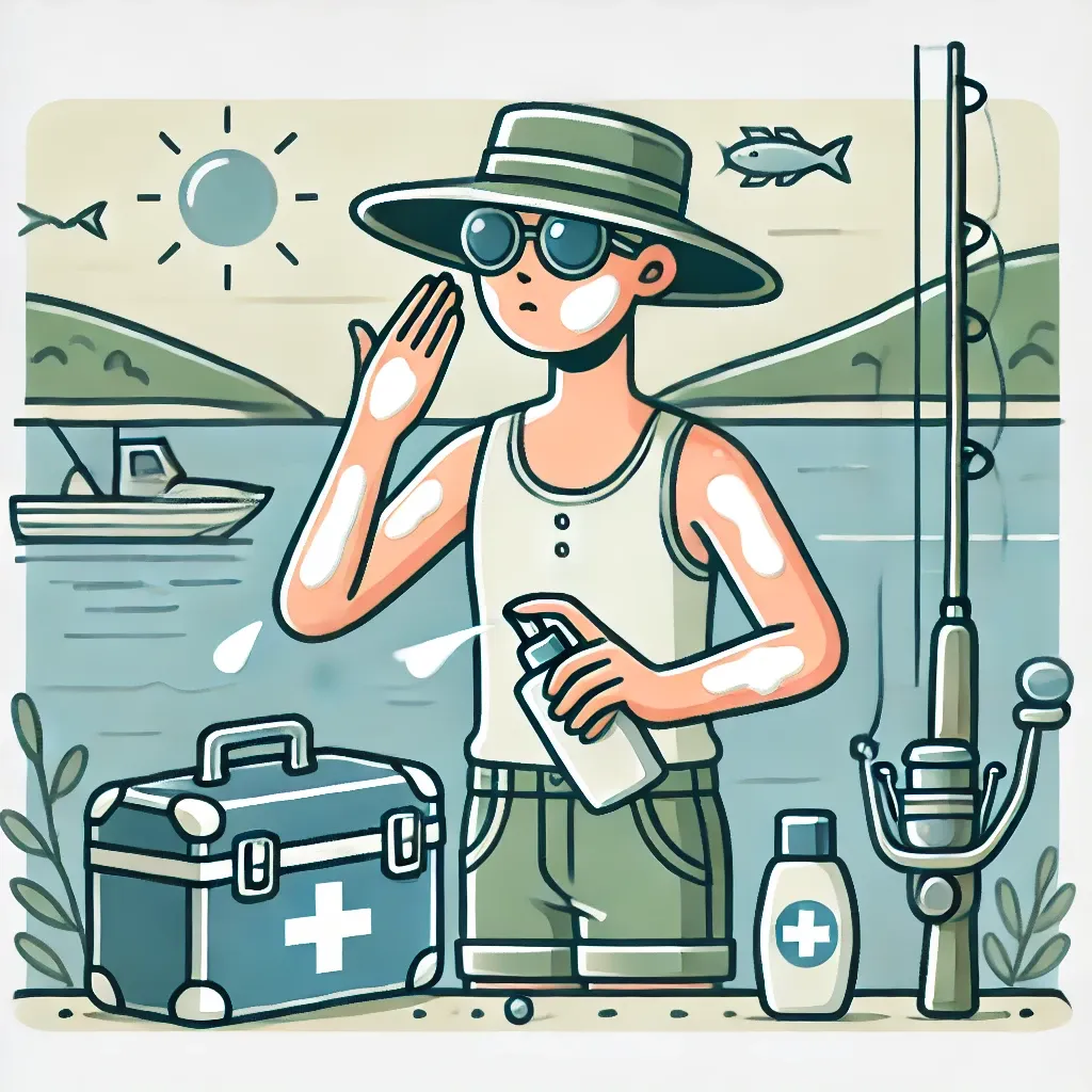 낚시 전에 자외선 차단제를 바르며 준비하는 사람의 일러스트