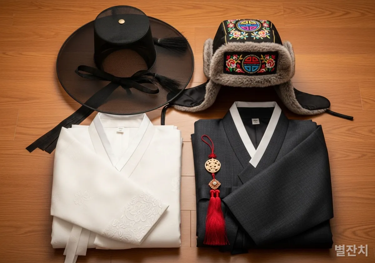 갓과 남바위, 두루마기가 어우러진 조선시대 겨울 레이어드 패션 아이템 배치 사진