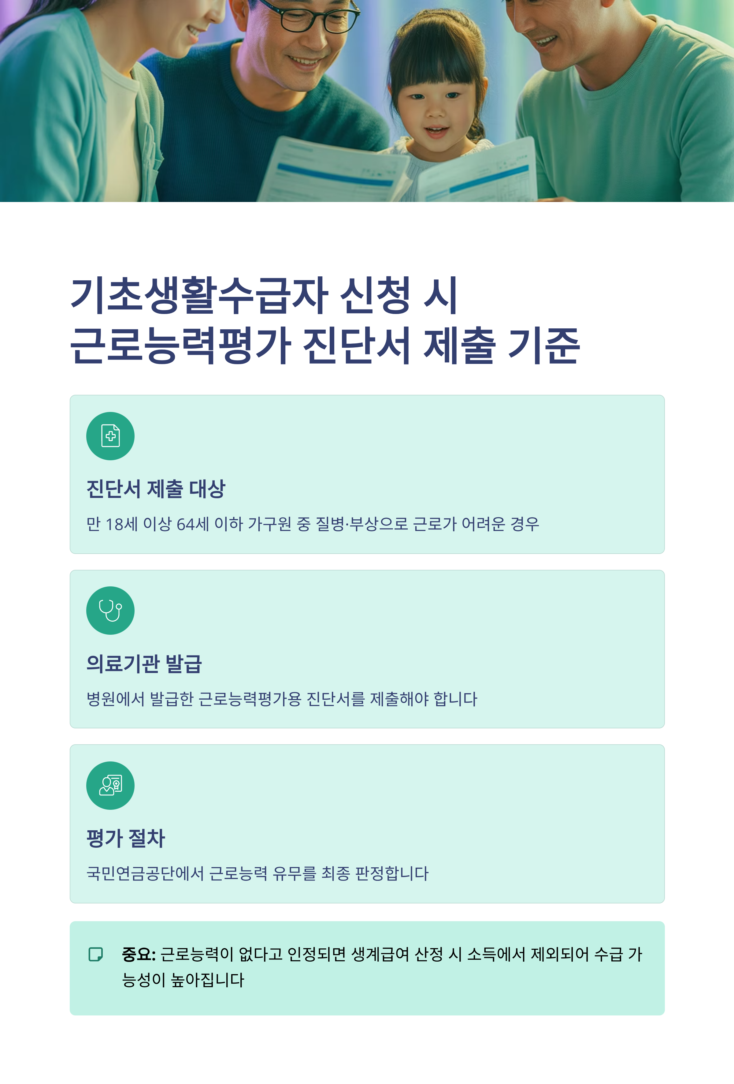 기초생활수급자 신청 시 가족 중 근로능력평가 진단서 제출 기준은?