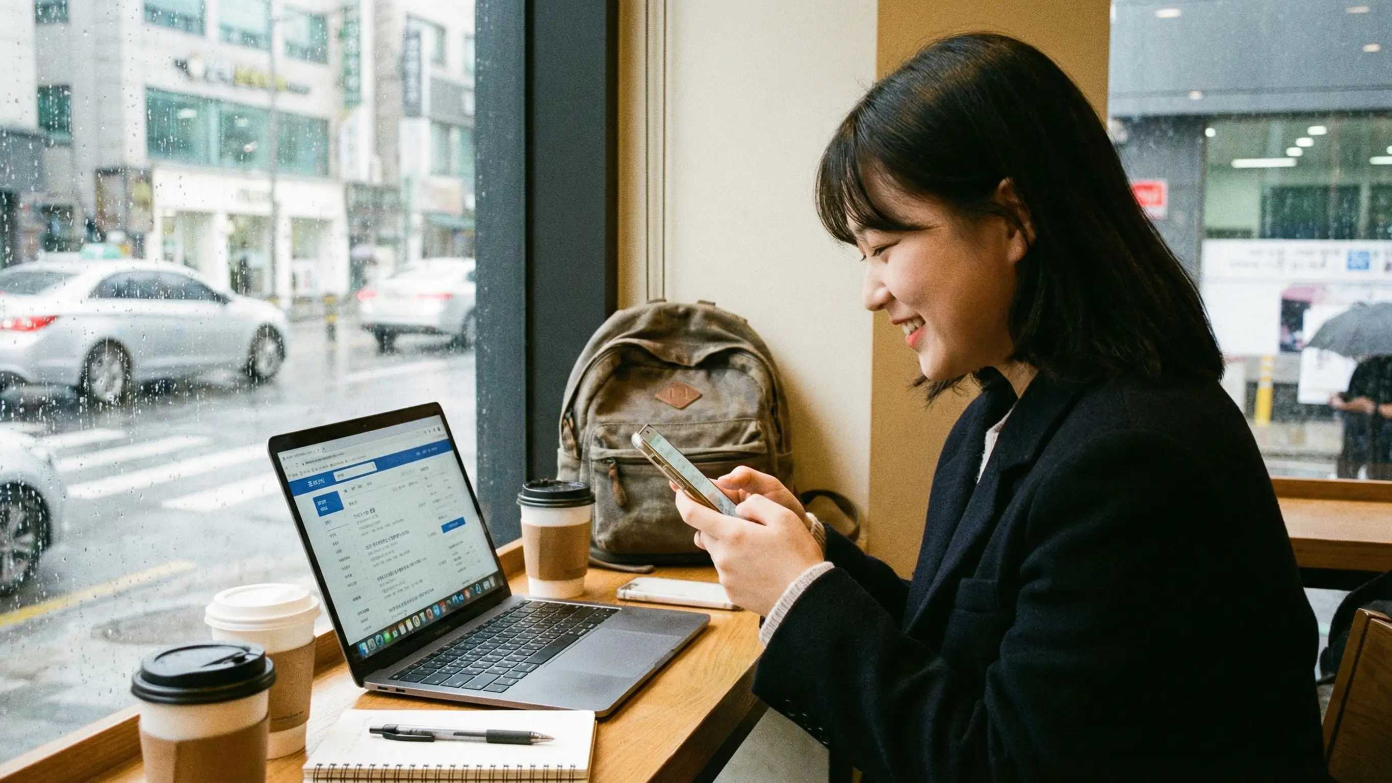 카페에서 노트북으로 취업 공고를 검색하며 지원금 입금 알림을 확인하고 안도하는 취업 준비생의 모습