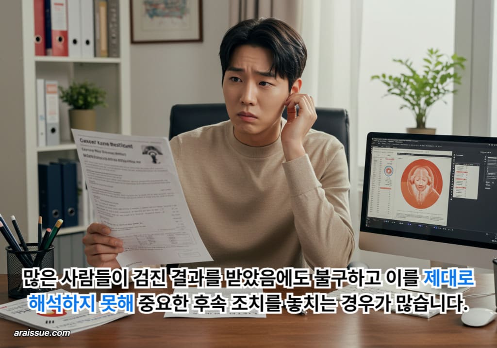 암검진 결과를 받고 고민하는 남자의 모습. 검진 후 후속 조치의 중요성을 강조하는 이미지입니다.