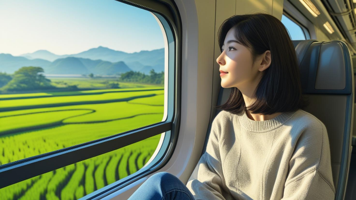 KTX 기차 좌석에 앉아 창밖을 보며 여행을 즐기는 여성의 모습