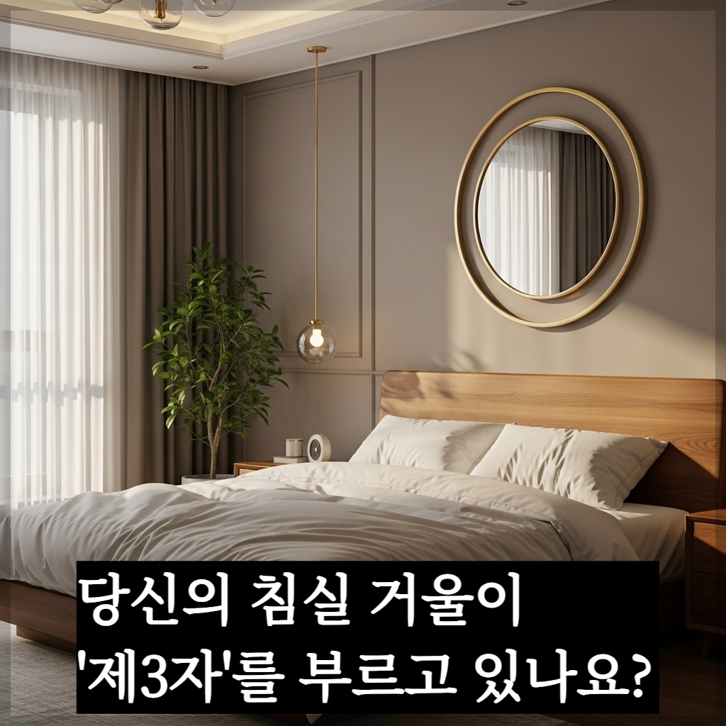 풍수적으로 안정적인 거울 배치를 적용하여 부부 금슬과 숙면을 돕는 현대적인 침실 인테리어 전경