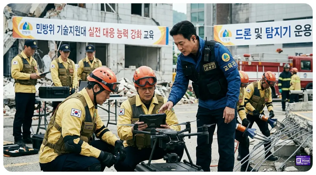 대장의 지도 아래 대원들이 드론, 매몰자 탐지기, 전기톱 등 실제 사용될 기술 장비를 운용하는 실전형 교육 과정을 보여줍니다.