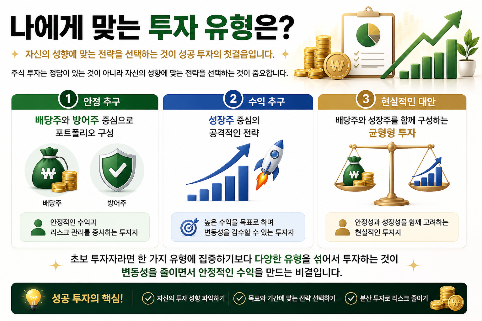 투자 성향에 따라 배당주, 성장주, 균형형 투자 전략을 선택하는 방법을 설명하는 인포그래픽 이미지