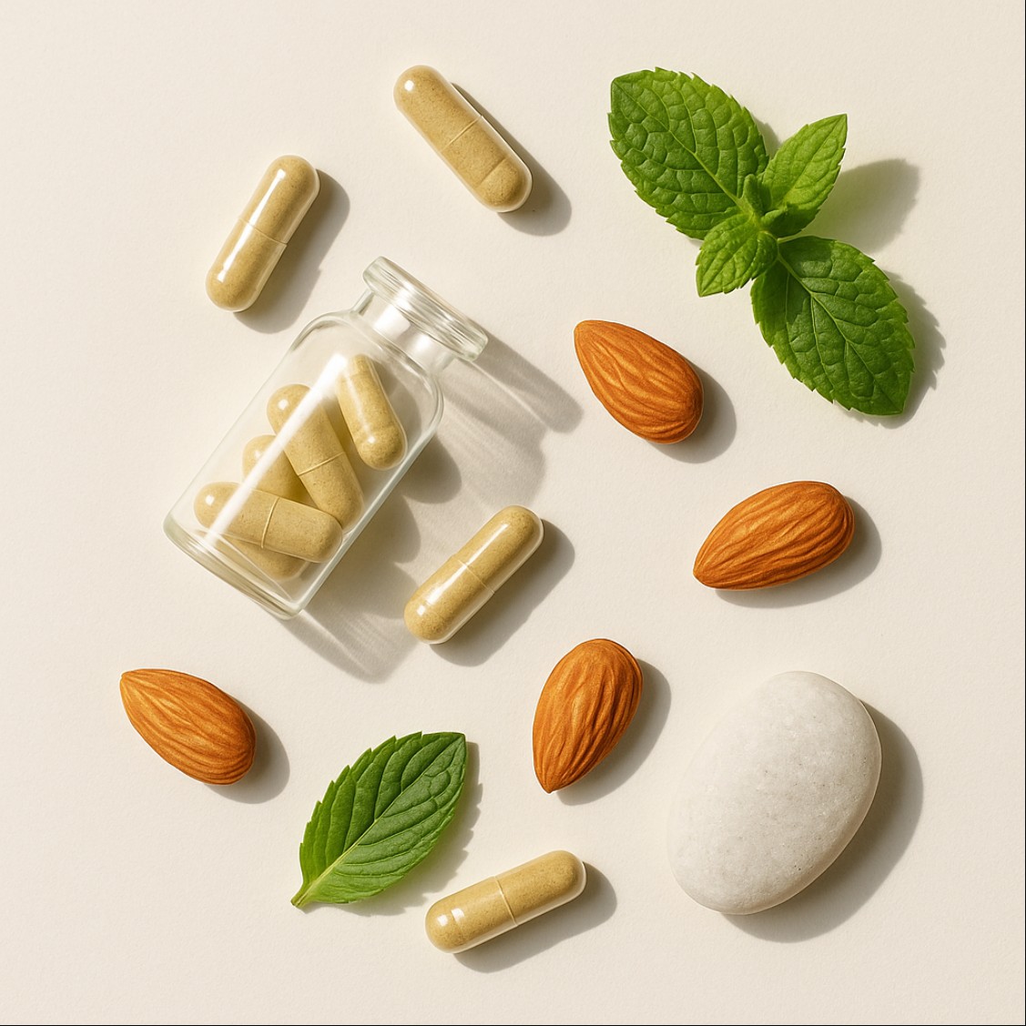 마그네슘 결핍과 관련된 영양제와 천연소재를 부드러운 자연광 아래 배치한 이미지