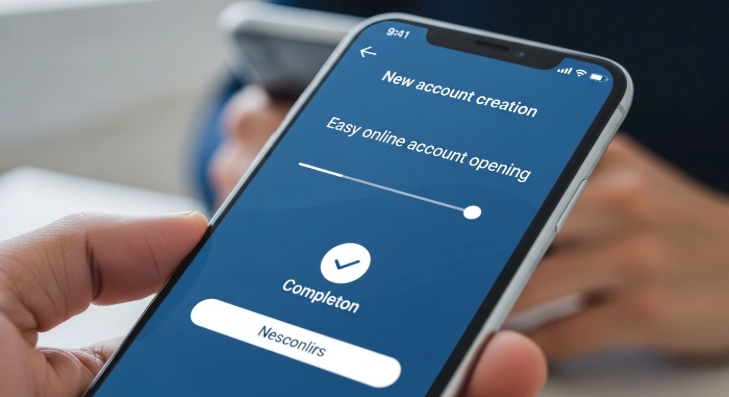 모바일 뱅킹 앱을 통해 생계비 계좌 개설 절차를 진행하는 스마트폰 화면. 쉽고 빠른 비대면 개설 과정을 보여줍니다.