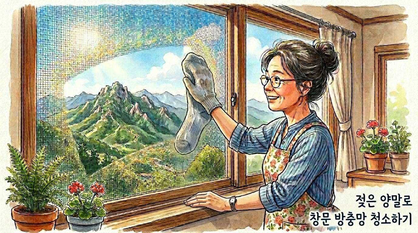 늘어나 버린 양말을 물에 적셔서 꽃가루와 먼지가 쌓인 방충망을 청소하고 있는 모습.