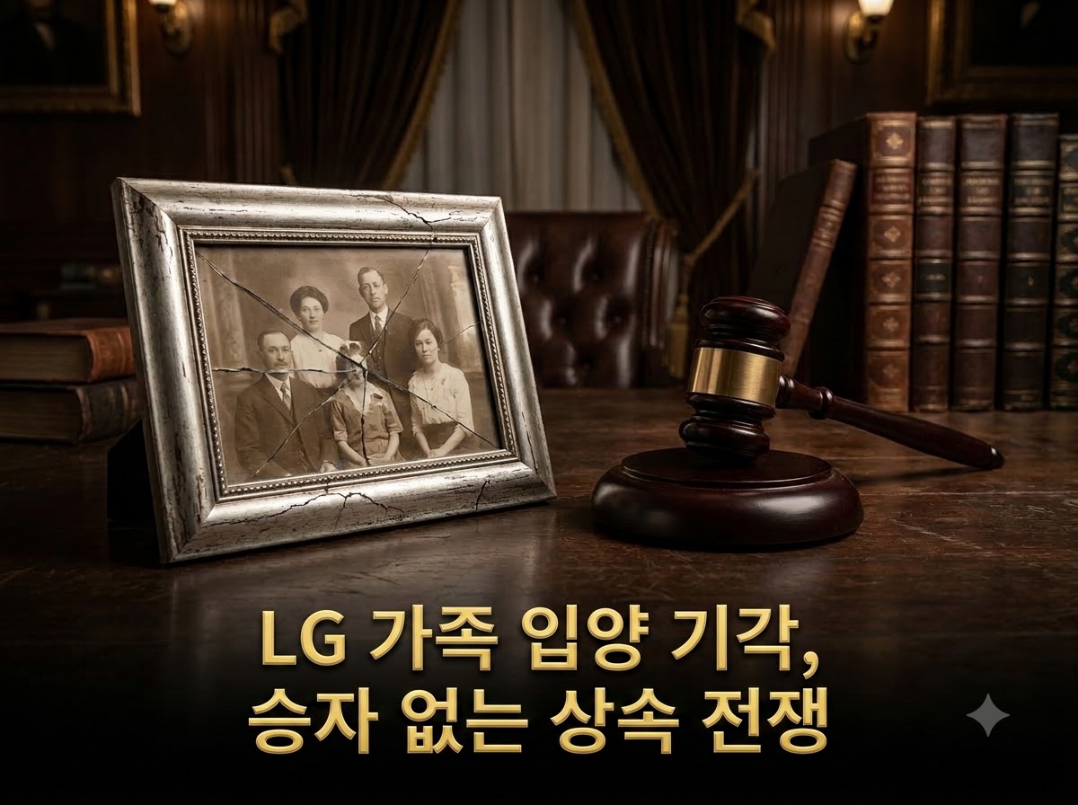 금이 간 액자와 판사봉을 배경으로 한 LG그룹 구광모 회장의 파양 소송 기각 및 상속 분쟁 블로그 썸네일 이미지