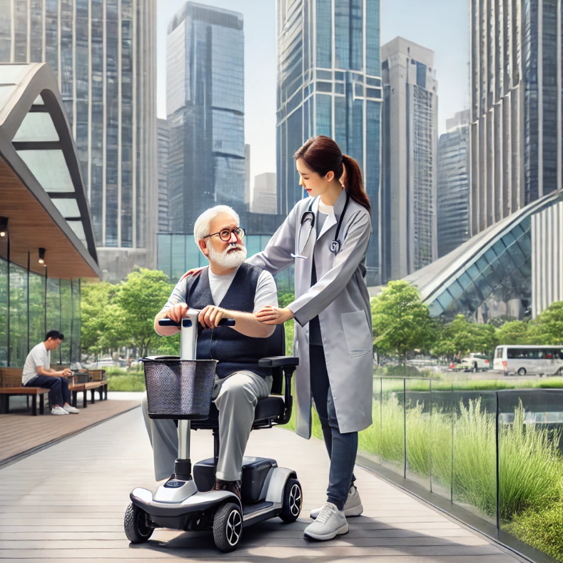 보행자 친화적인 길을 따라 환자가 의료 전문가의 도움을 받아 전동 스쿠터를 사용하는 모습