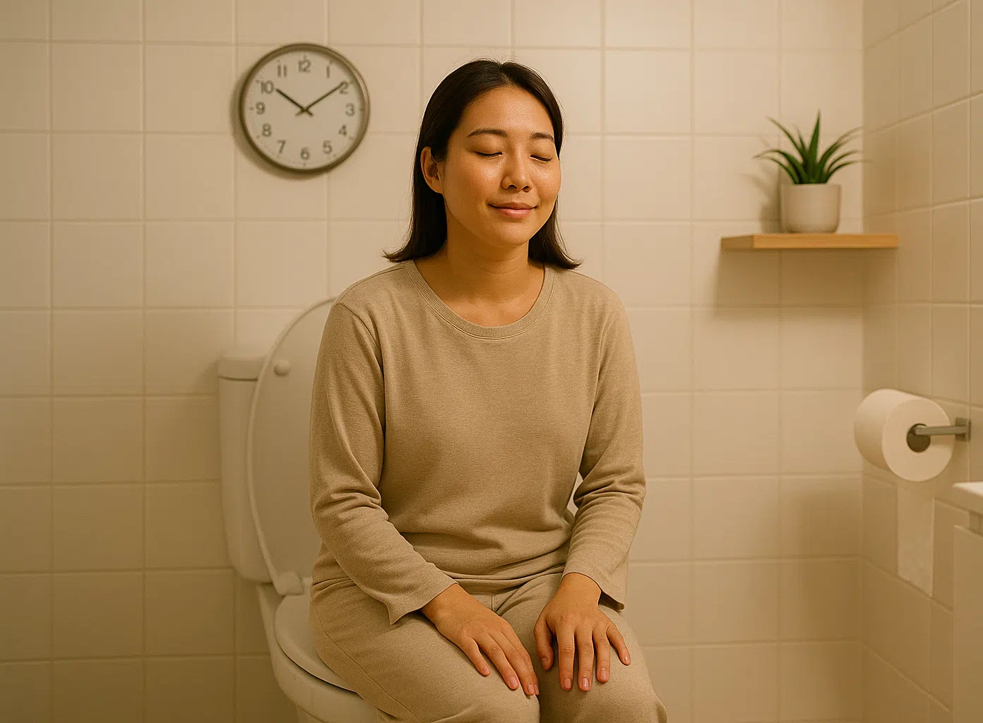 취침 전 화장실에 앉아 있는 사람, 편안한 표정, 스마트폰 없이 앉아 있는 모습, 장이 시간을 기억하도록 하는 습관