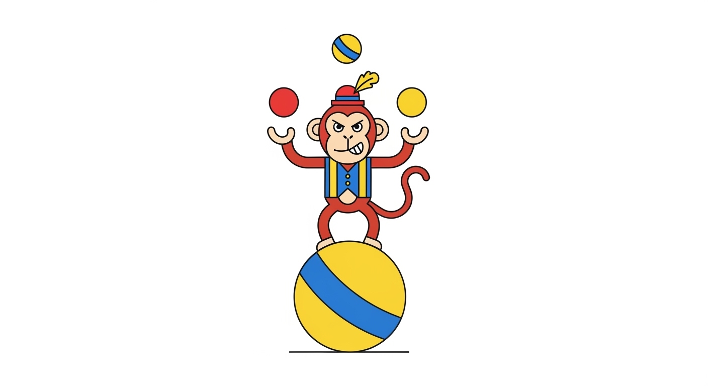 공 위에서 균형을 잡으며 저글링을 하는 재치 있고 능력 있는 원숭이 캐릭터 일러스트