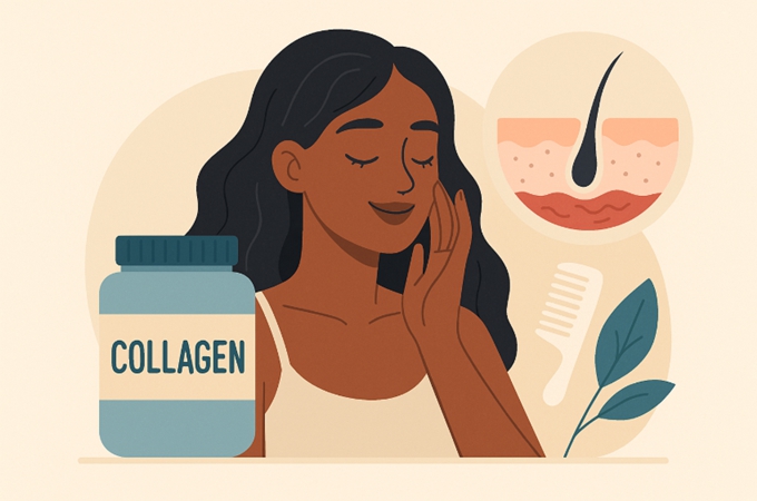 피부와 모발 건강을 위해 단백질을 섭취하는 여성의 일러스트