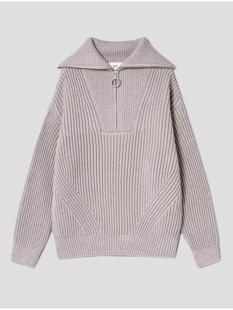 Zip Collar Ribbed Jumper - Beige 정면