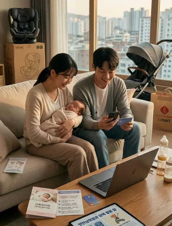 첫째 아이를 안고 있는 엄마와 아빠 모습