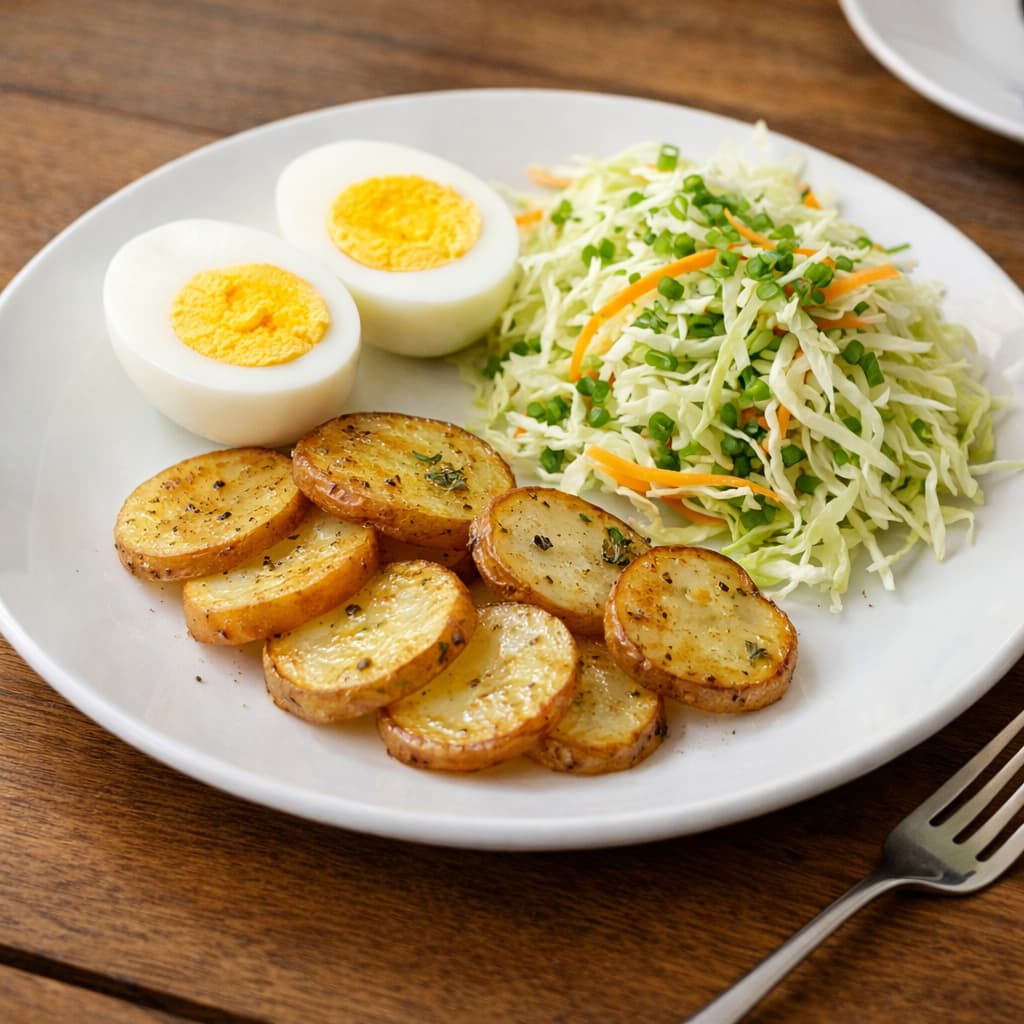 삶은 달걀 감자 샐러드로 구성된 아침에 먹기 좋은 건강한 식단