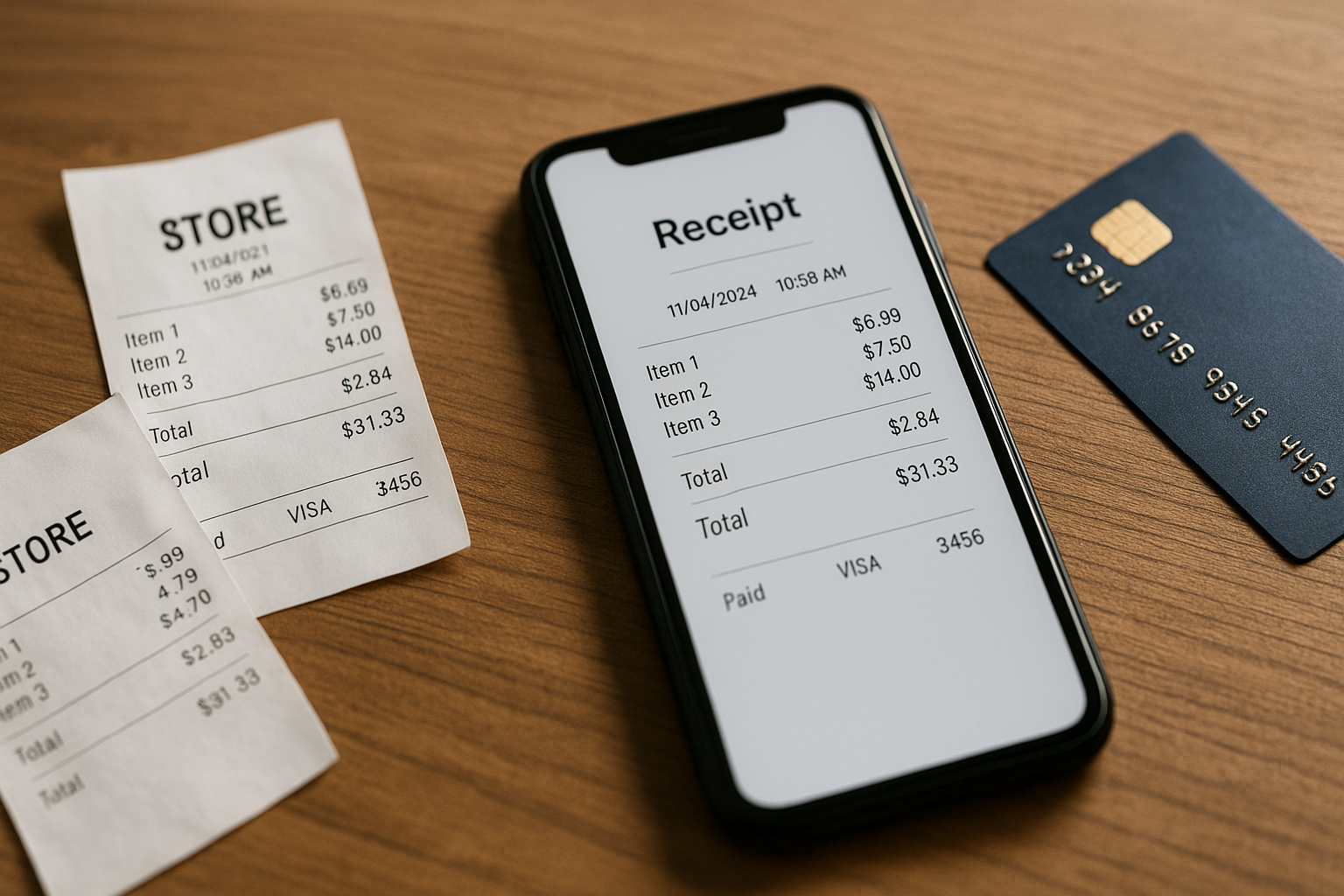 전자·종이 영수증을 스마트폰 전자영수증 화면과 함께 정돈해 보관하는 모습(실사)