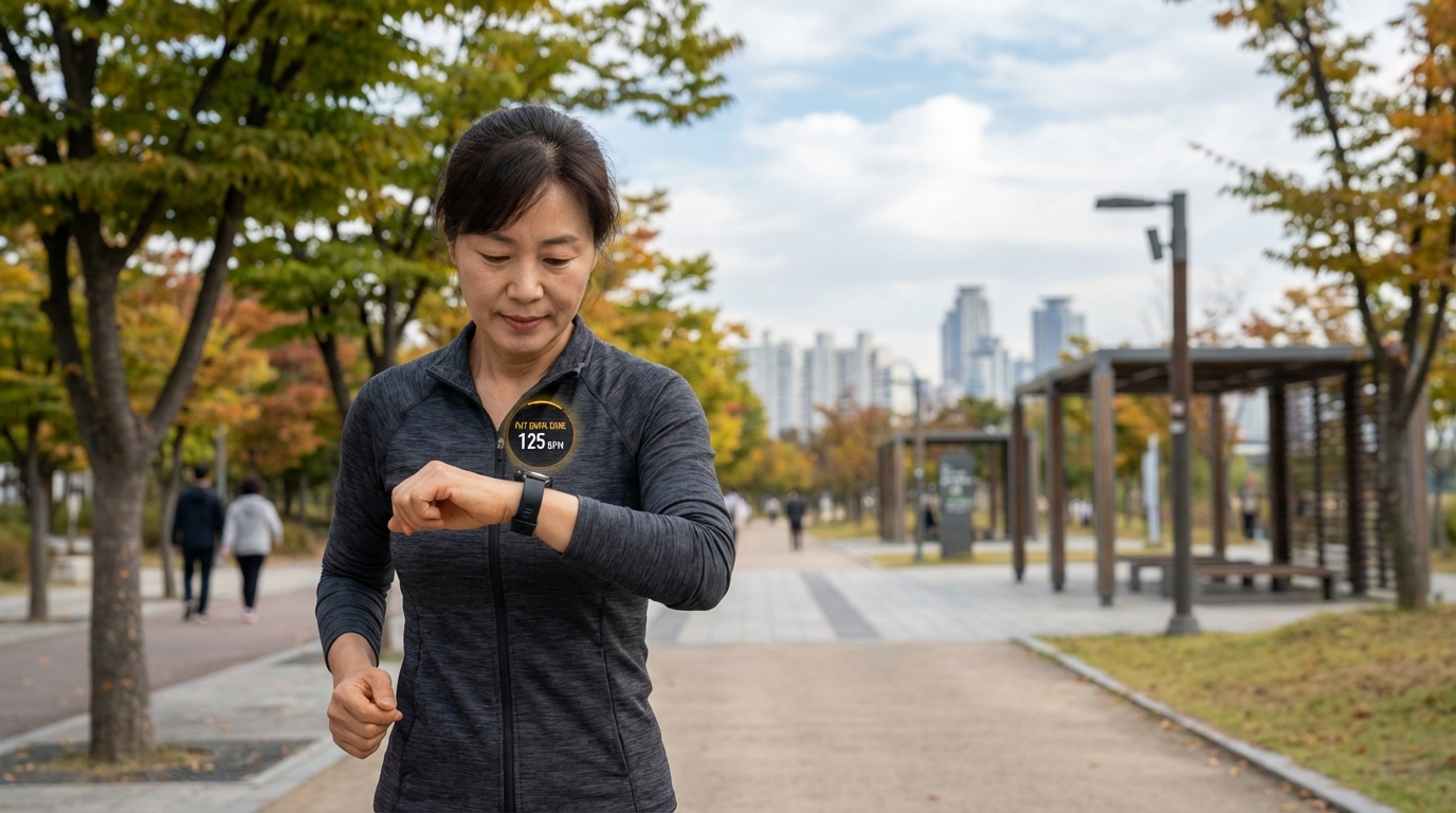 스마트워치로 지방 연소 구간의 심박수를 확인하며 운동하는 모습