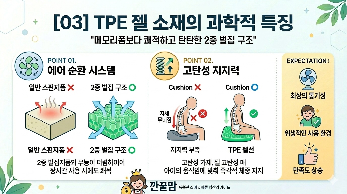 TPE 젤 소재의 통기성과 고탄성 지지력 특징 정보 카드