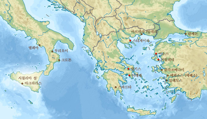 스타게이라, 아소스, 미텔레니, 칼키스의 지도상 위치