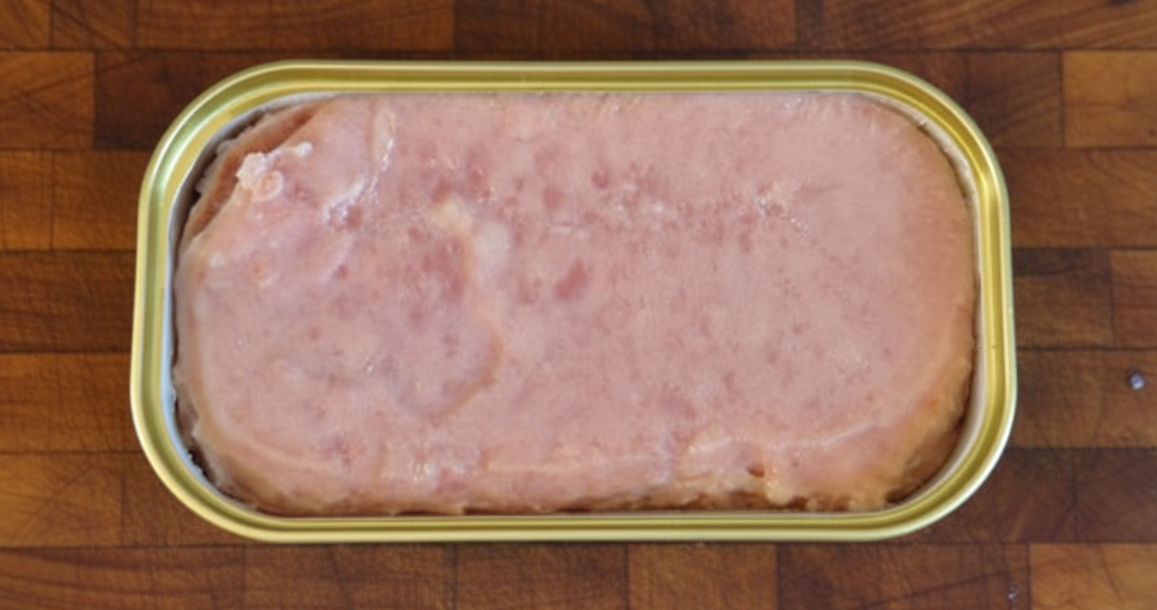 스팸 한캔이 조리를 위해 도마위에 올라가 있는 모습.