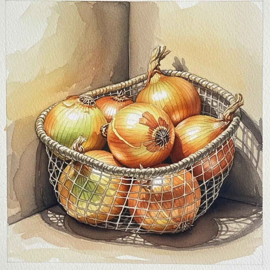 통 양파를 바구니에 담아 보관하는 모습