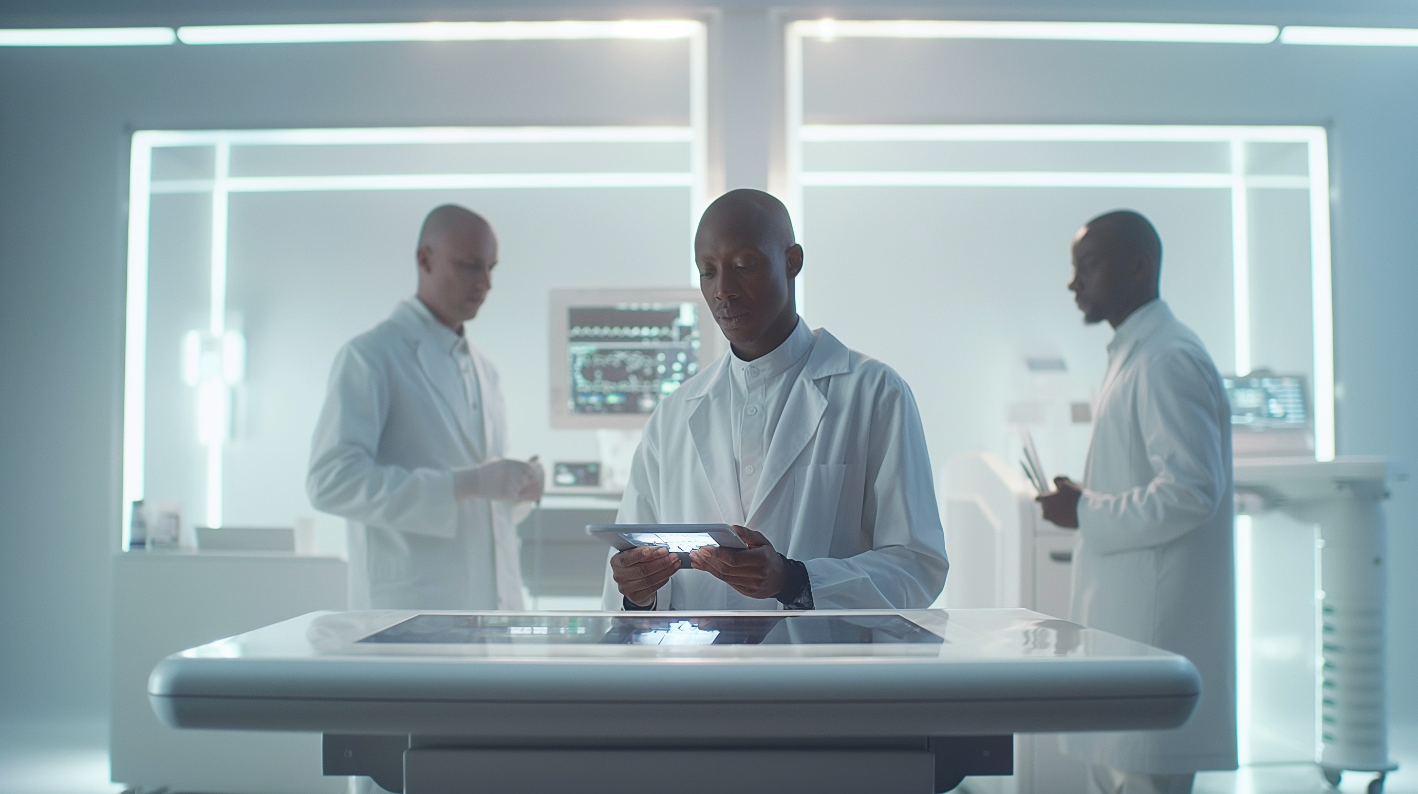 의사와 간호사가 병원 모니터 혹은 태블릿에 표시된 AI 분석 결과를 살펴보는 장면